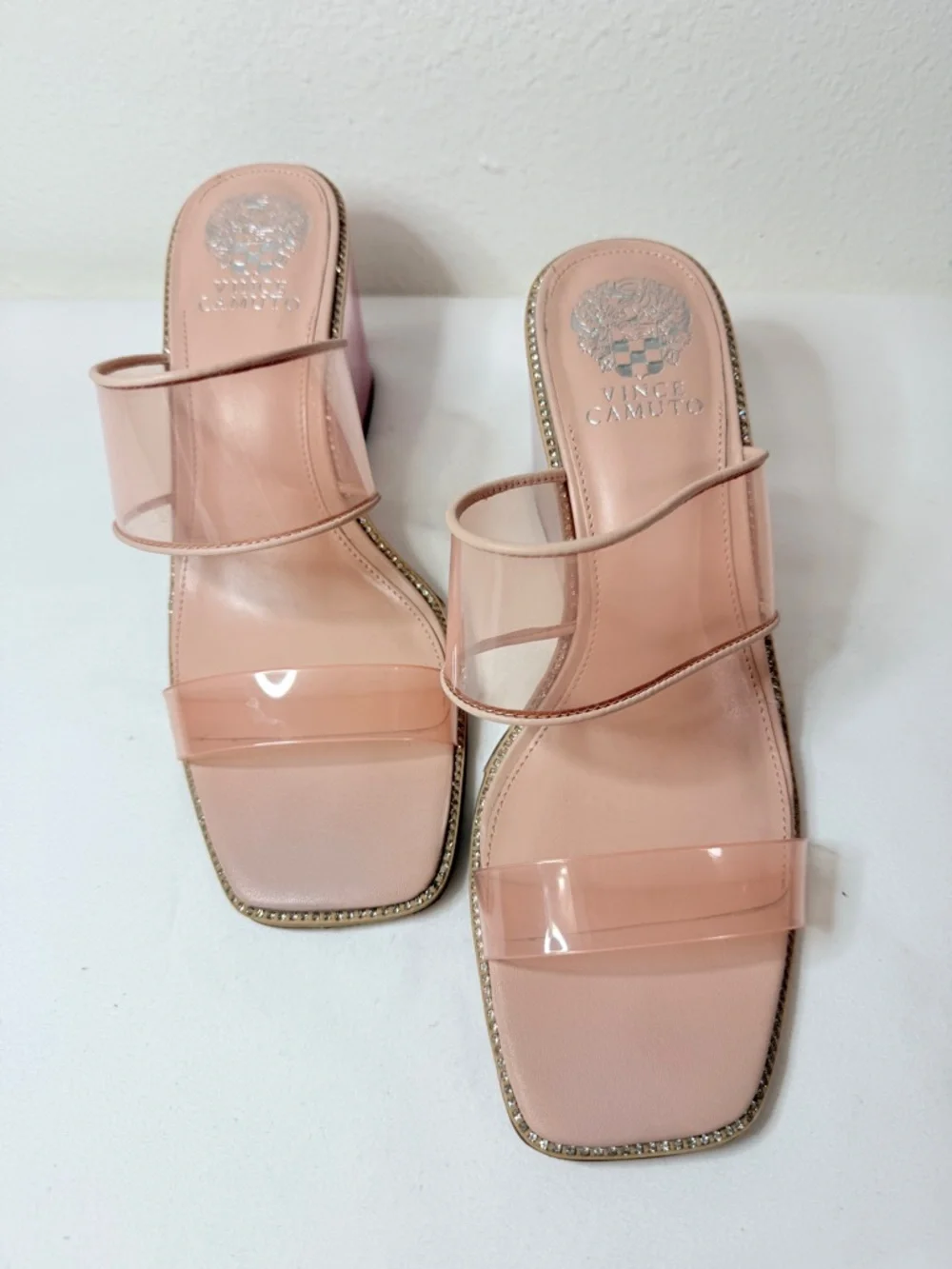 Vince Camuto Clear Pink Wedge Sandals Rhinestone Trim Size 9